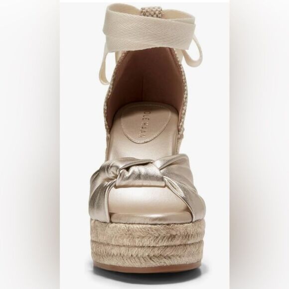Cole Haan Cloudfeel Hampton Soft Gold Leather/Natural Canvas Wedge Sandals - Picture 4 of 5